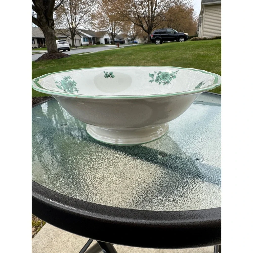 Rosenthal Germany Continental Green Floral Footed Serving Bowl Vintage Porcelain